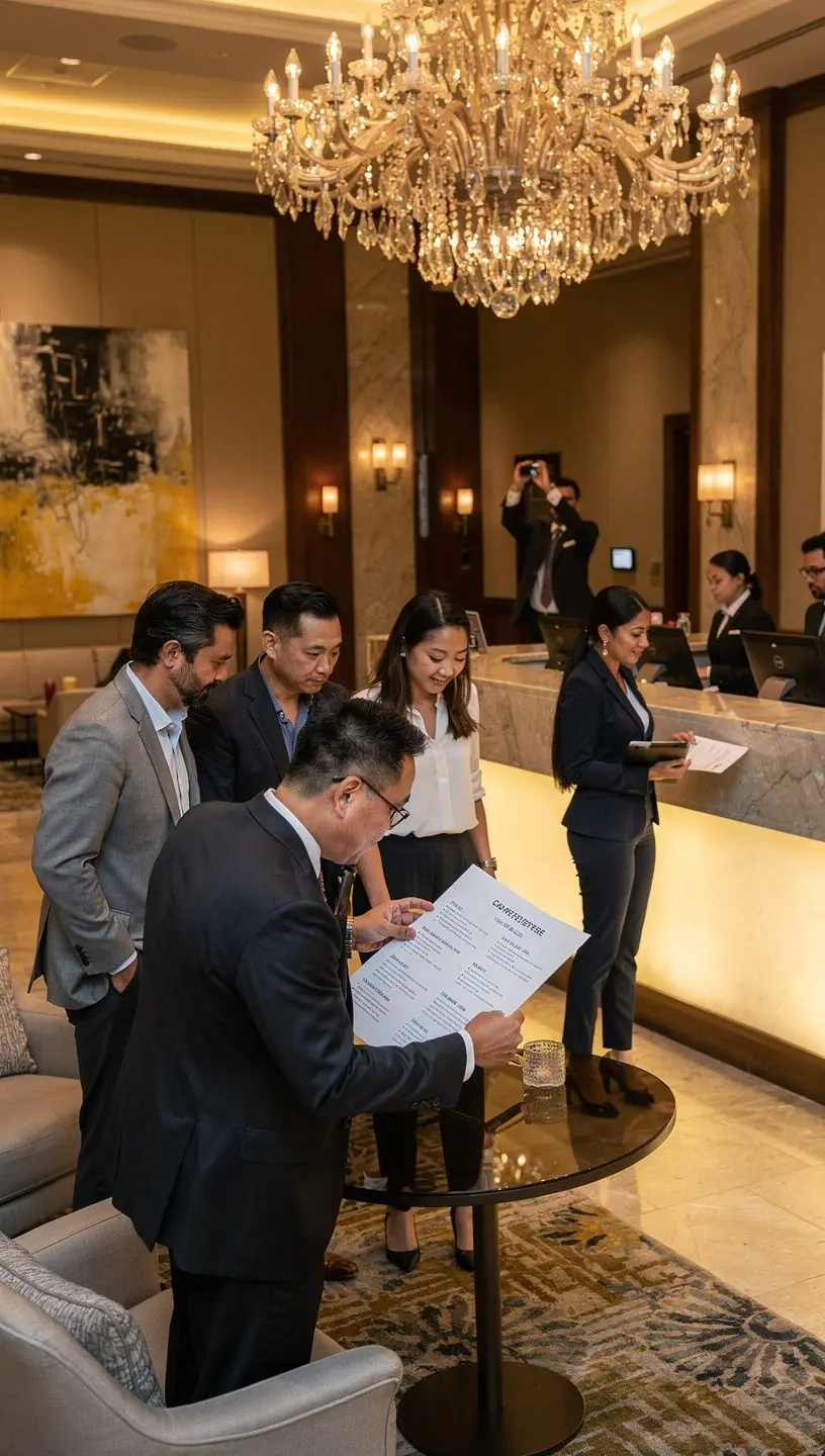 Grupa podróżnych zbierająca się na lotnisku, gotowa do rozpoczęcia przygody.