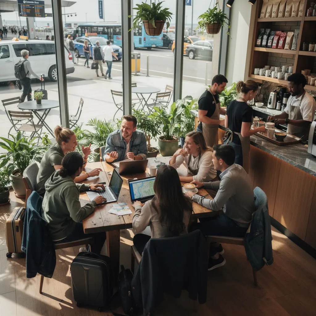 Grupa ludzi planujących przyjęcie na świeżym powietrzu w malowniczej okolicy.