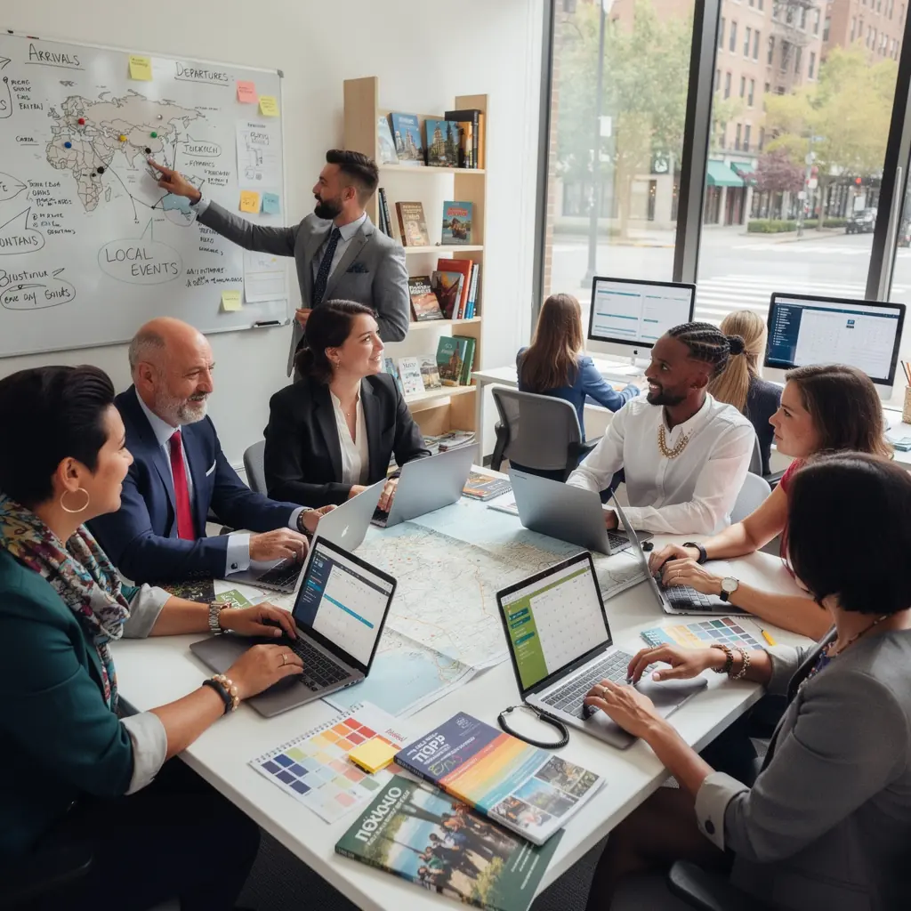 Planowanie lokalnych wydarzeń w dniu przyjazdu, z uśmiechniętymi ludźmi w tle.